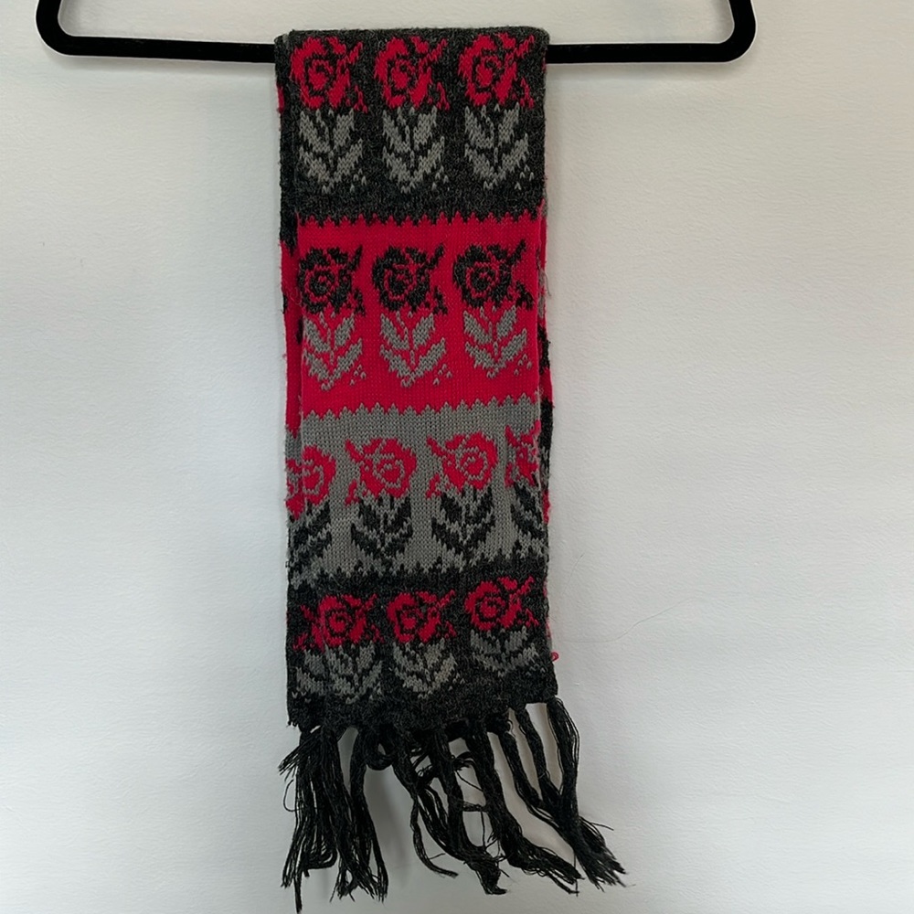 Grey and pink floral long scarf
